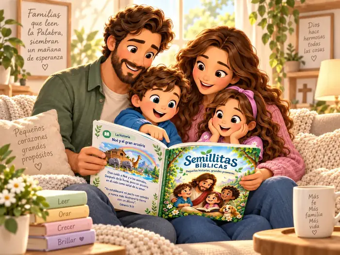 Familia leyendo juntos el material Semillitas Bíblicas en casa